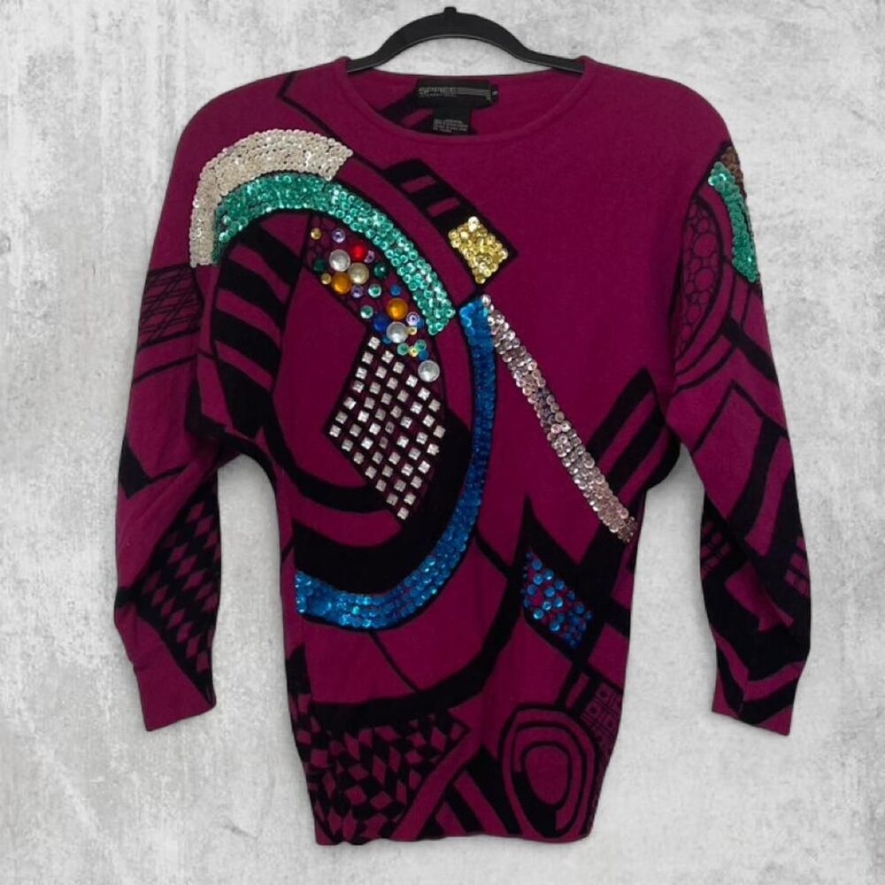 Vintage 80s Spree International Pink Geometric Sequin Sweater Lambswool Size S